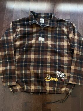 Vintage Mickey Outdoors Plaid Fleece Embroidered 90s Disney Pluto Brown Sweater
